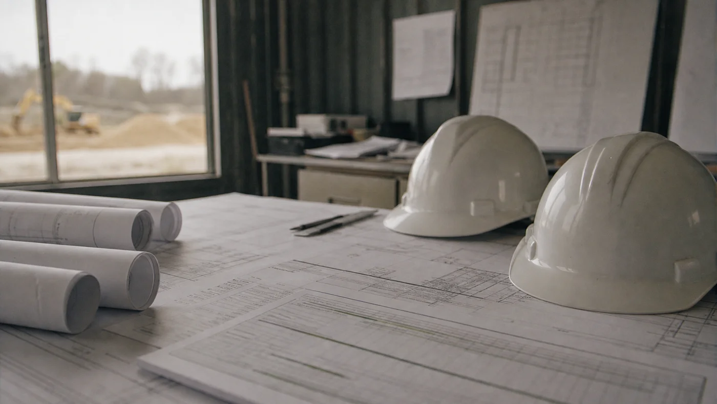 Drawings and hard hats on a commercial site office plan table - commercial builders contract works insurance