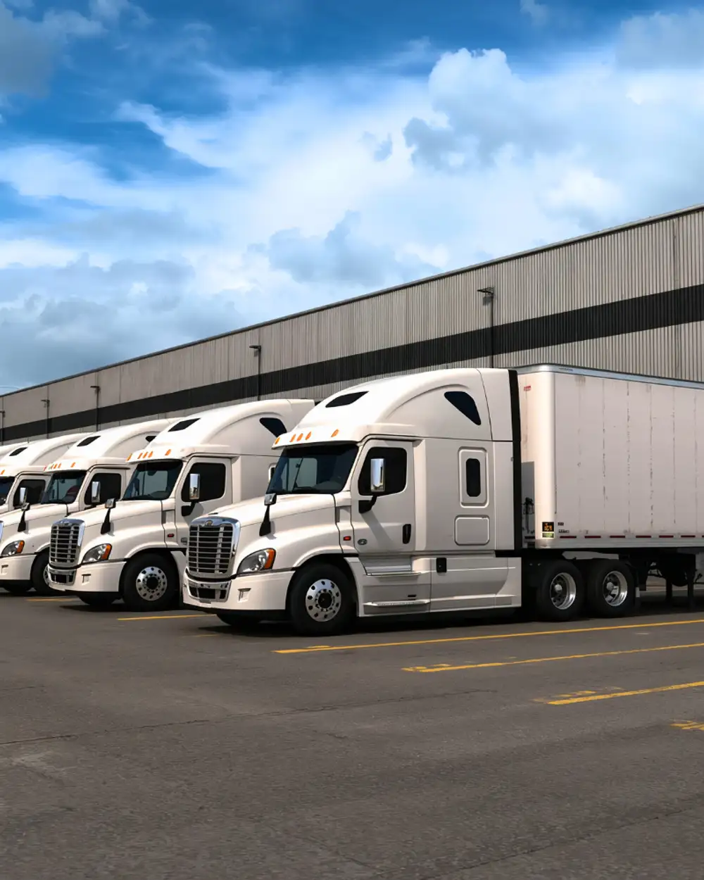 Fleet of modern white semi-trailer trucks parked at a logistics distribution center, illustrating commercial fleet insurance and transport operations.