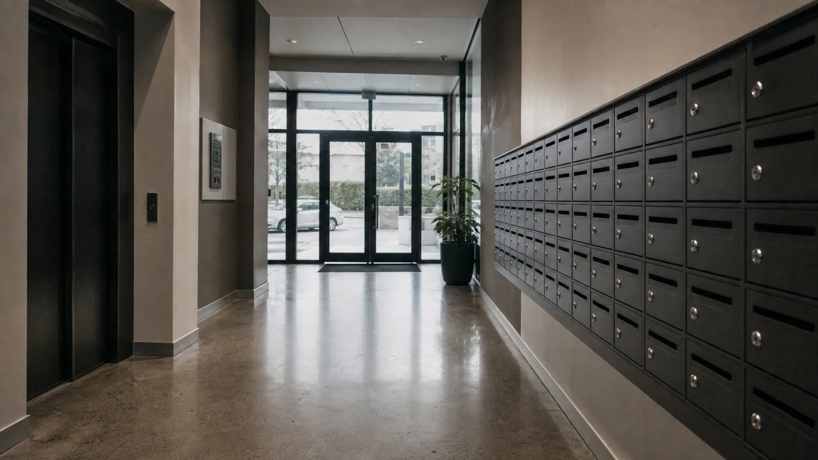 Shared entrance foyer with letterboxes and lift in a commercial strata building's common property