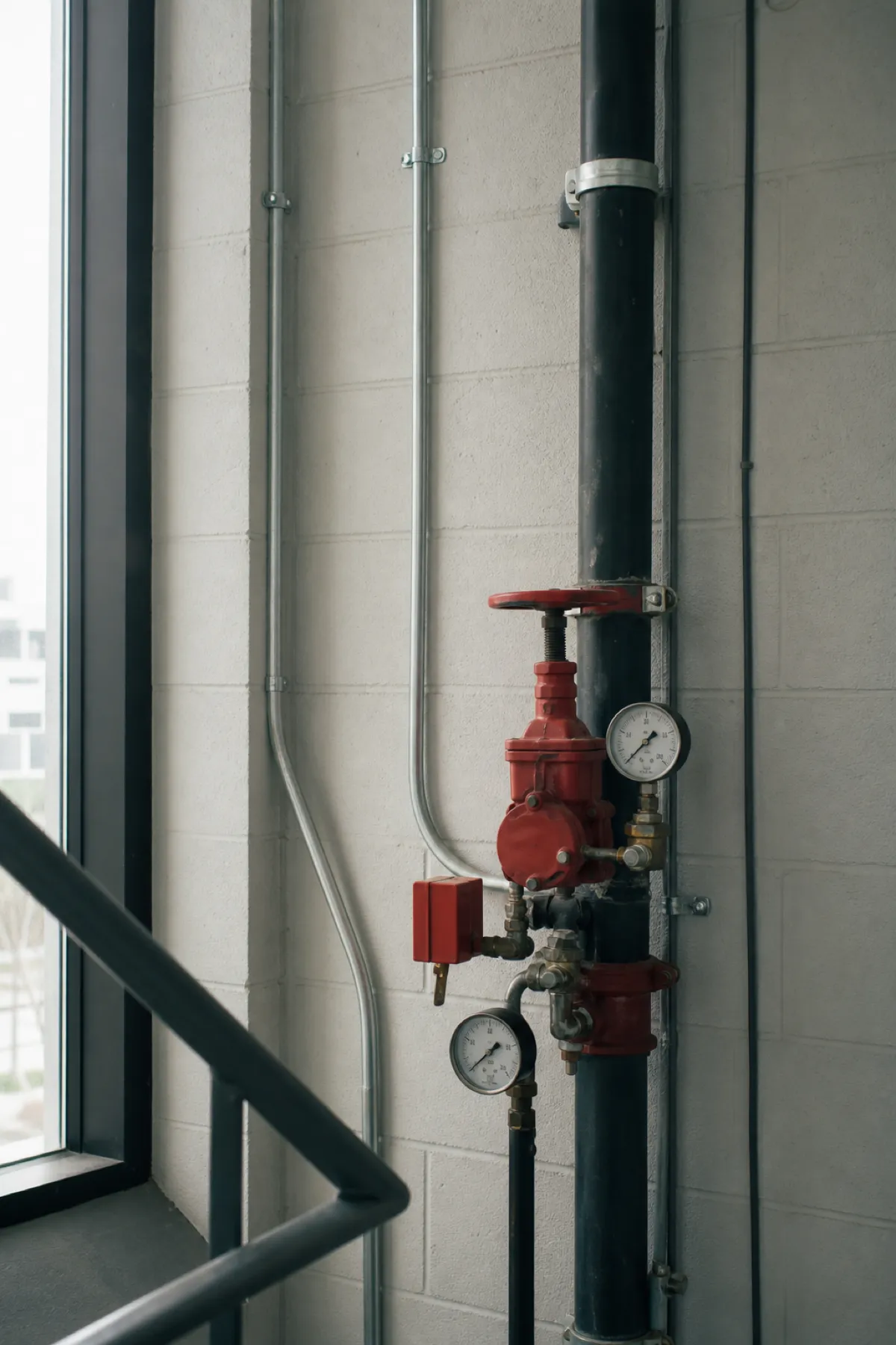 Fire sprinkler valve and services riser in a commercial strata building covered by strata insurance