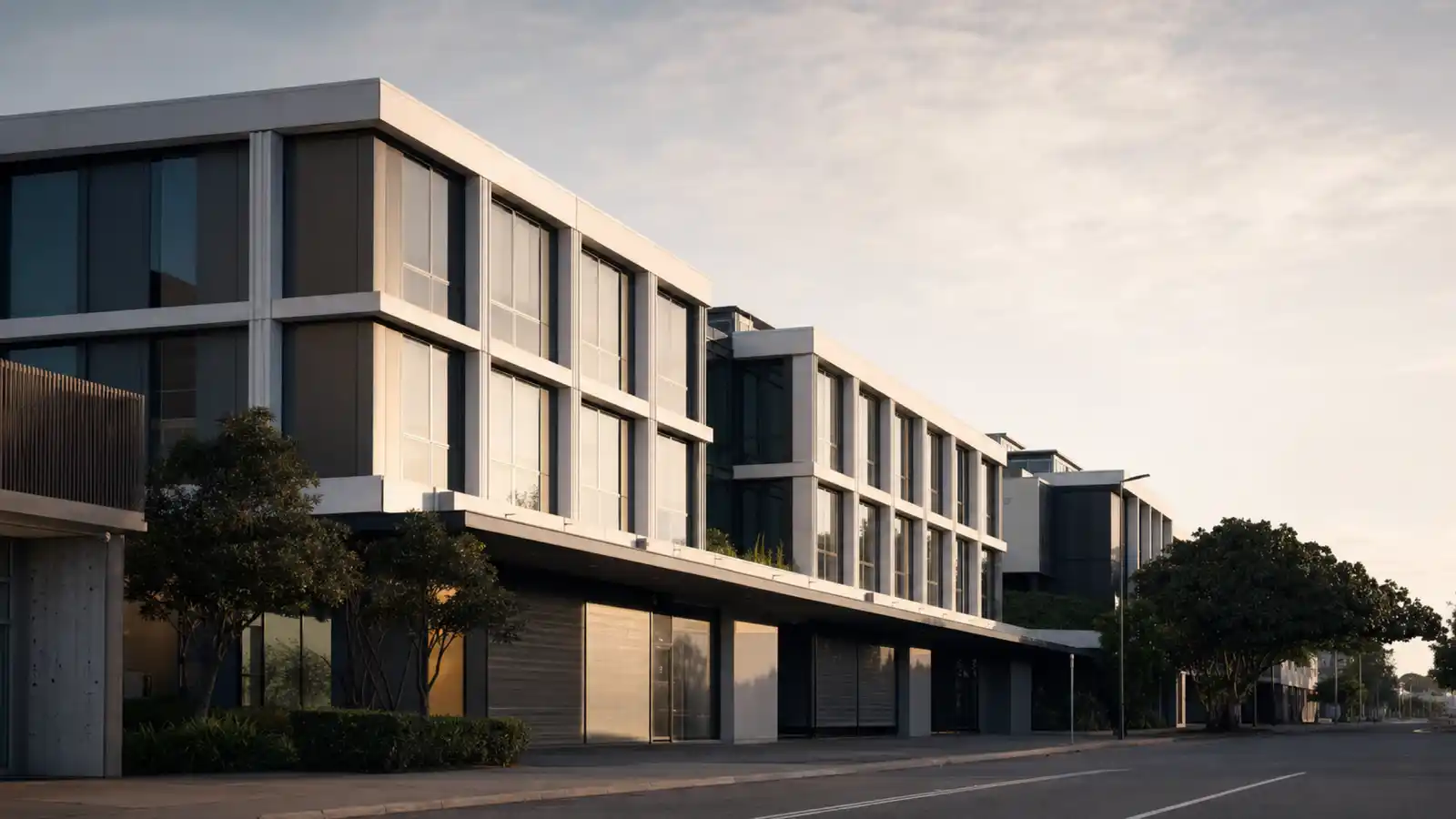 Mid-rise commercial strata building with shopfronts below and offices above, insured under commercial strata insurance