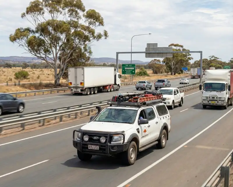 A commercial tradesman’s ute and a large semi-trailer truck driving on an open highway, showcasing on-road protection for diverse commercial vehicles.