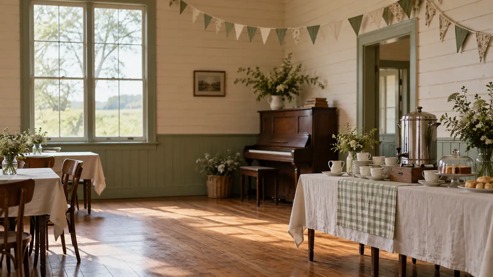 Community hall with trestle tables set for a club event, community and association event insurance