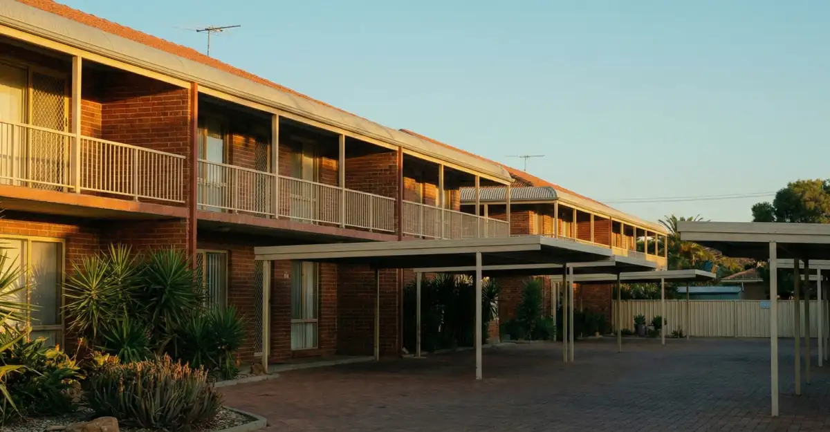 Sunlit multi-dwelling brick townhouse development showcasing shared parking areas covered by non-strata insurance.
