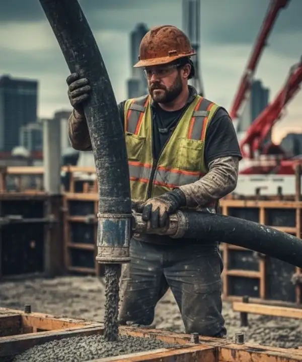 Large construction site with dual concrete pump trucks and boom arms highlighting liability exposure for concrete pumping contractors