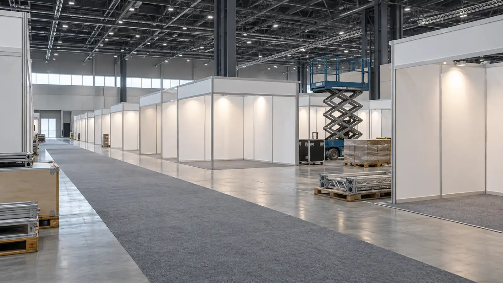Exhibition hall during bump-in with blank booths, conference and exhibition insurance