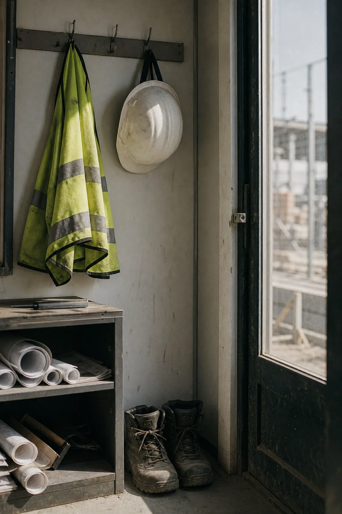 Hard hat and drawings at a site office door, coverage under construction manager PI insurance