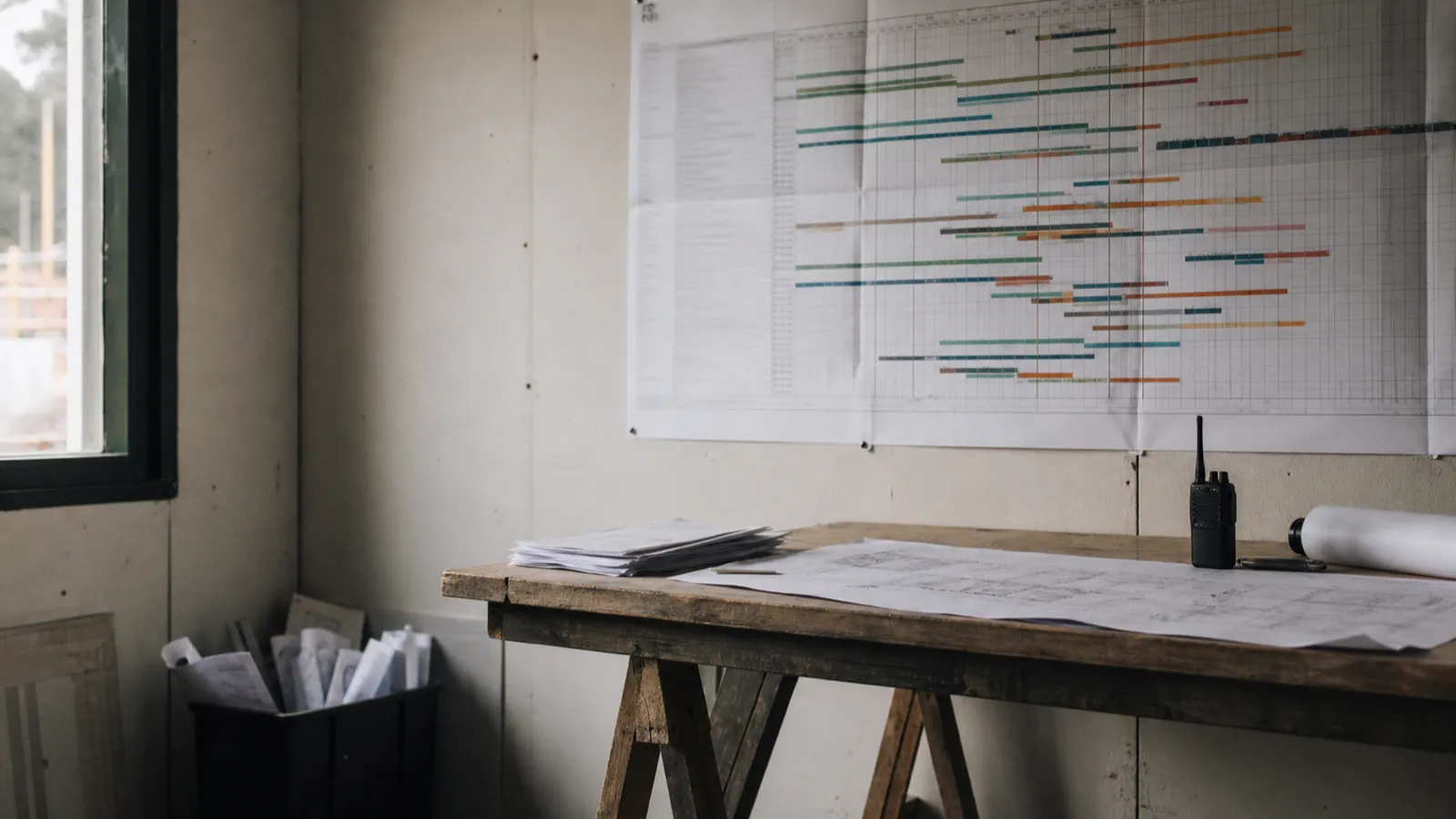 Site office with construction programme wallchart, construction manager professional indemnity