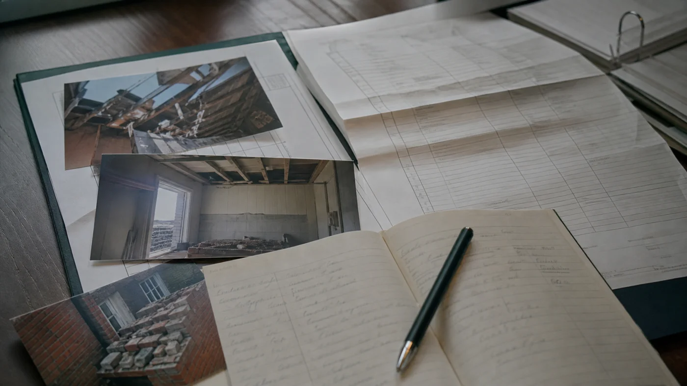 Claims file with site photos and incident paperwork - contract works insurance claim lodgement
