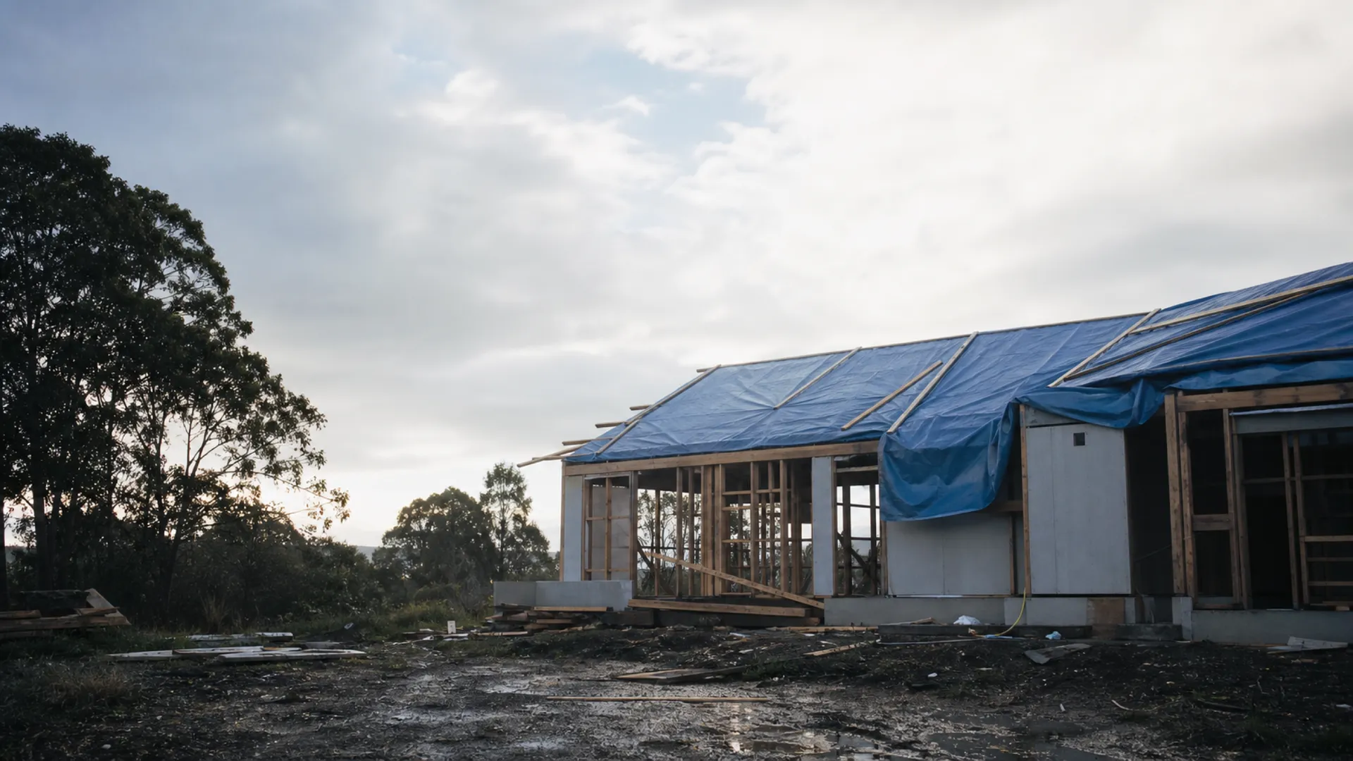 Tarpaulins over a storm-damaged part-built roof - contract works insurance claims