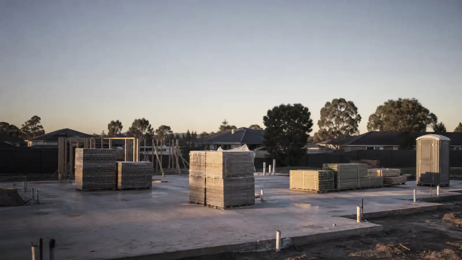 Material pallets on a slab-stage home build - contract works insurance cost guide
