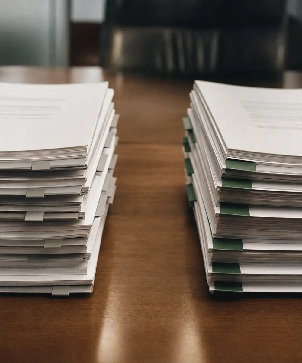 Two sets of bound agreements side by side, corporate advisor PI versus warranty and indemnity cover