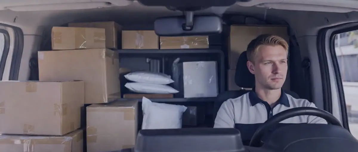 Courier driver holding parcels in front of delivery van – courier insurance Australia