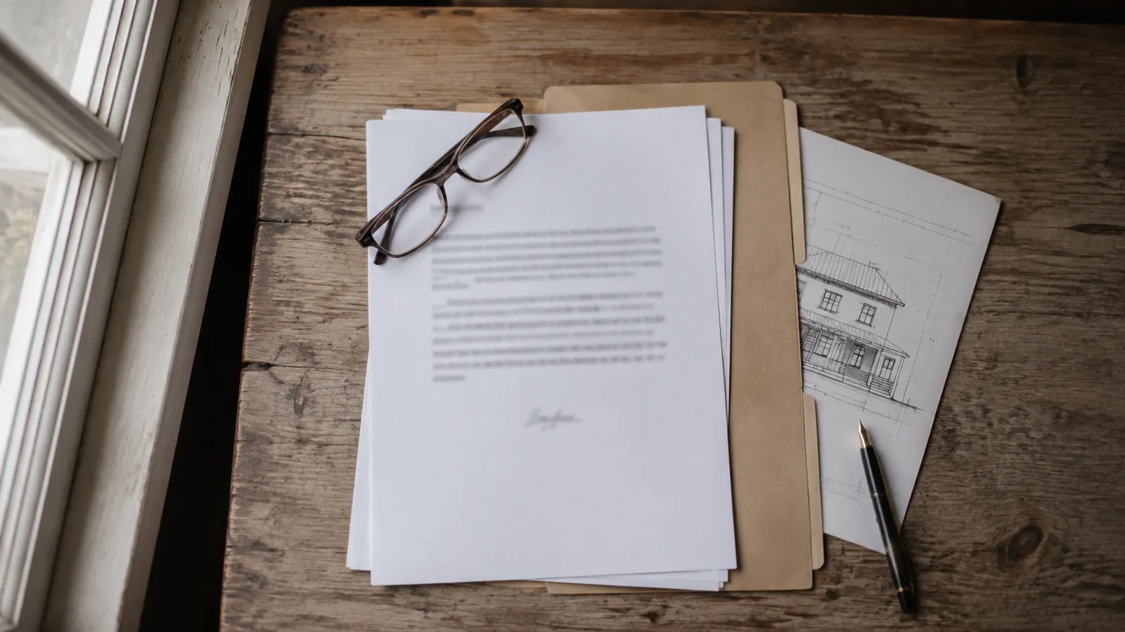 Unreadable insurance letters, reading glasses and a building elevation drawing on a worn timber desk