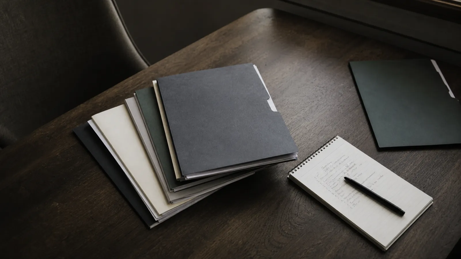 Quote folders spread across a desk, working options for declined professional indemnity insurance