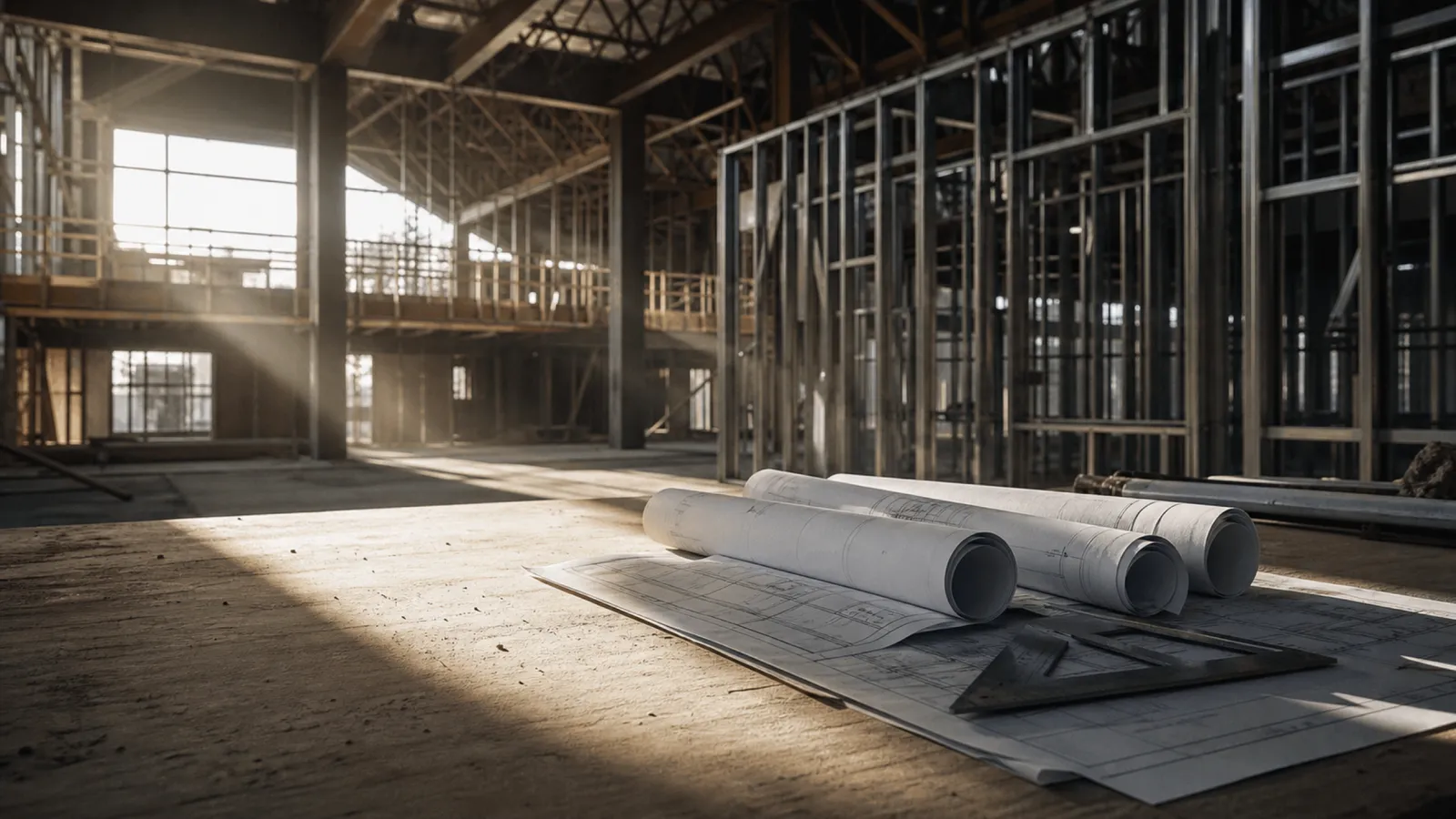 Architectural drawings on a site table inside a part-built structure, design and construct insurance