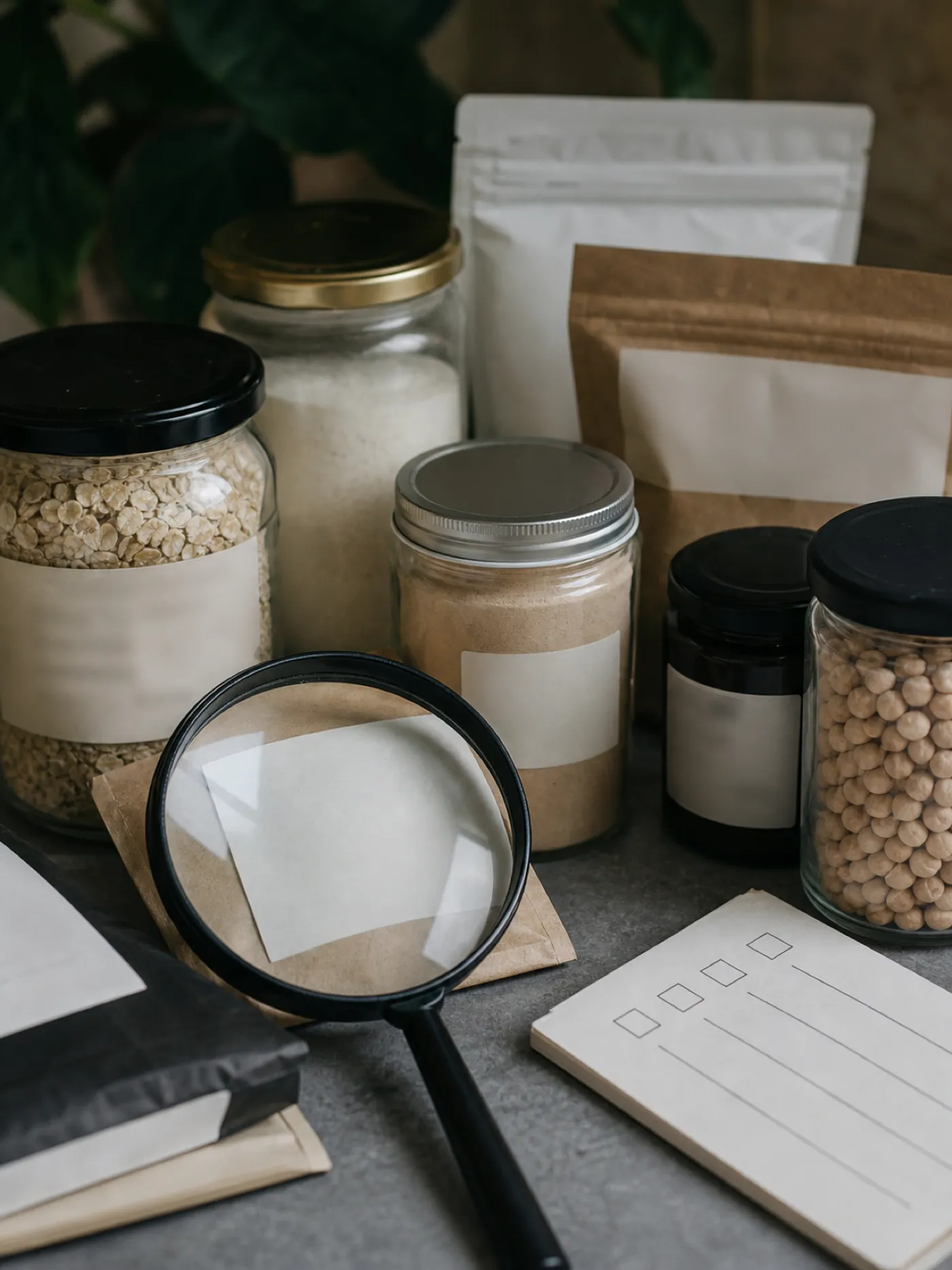 Magnifying glass over an ingredient label, allergy claim scenario for dietitian PI insurance