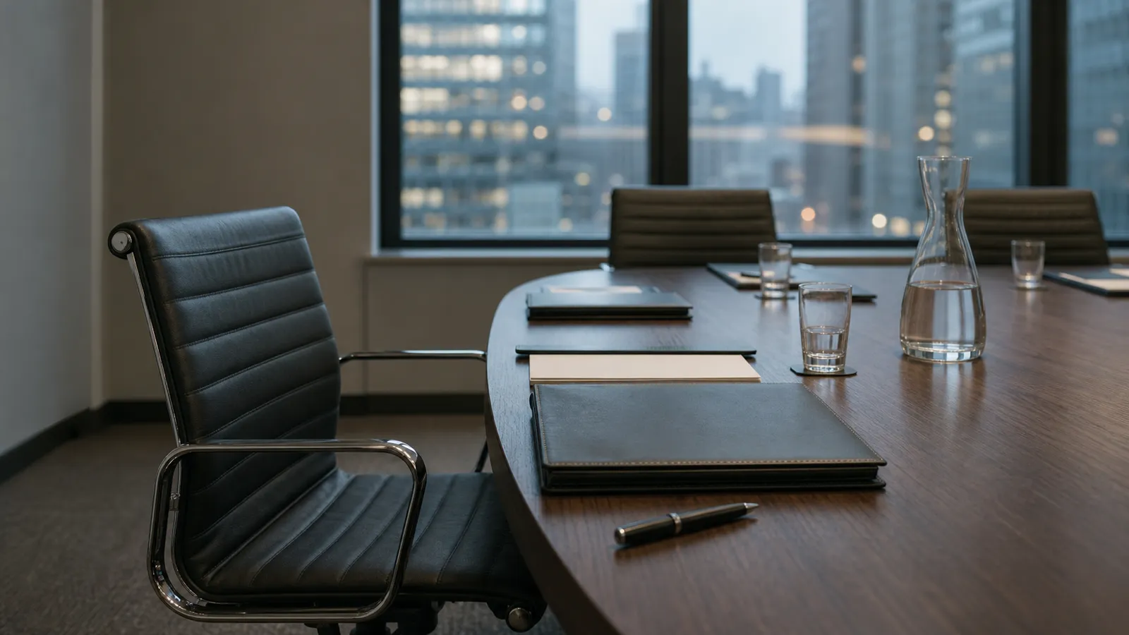 Board papers and pen at the head of a boardroom table, governance duties covered by D&O insurance