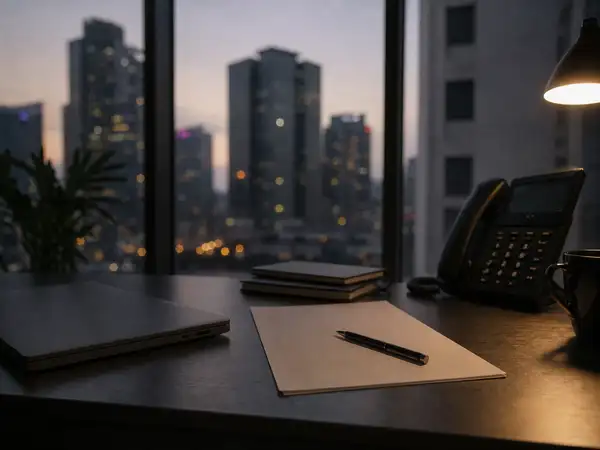 Policy papers on a director's desk at dusk, reviewing directors and officers insurance cover