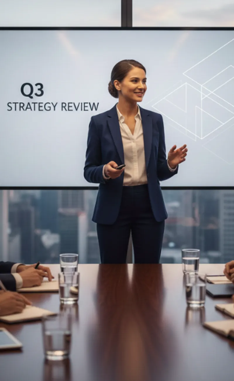 A female executive presenting a Q3 strategy review to a board of directors in a modern corporate boardroom.