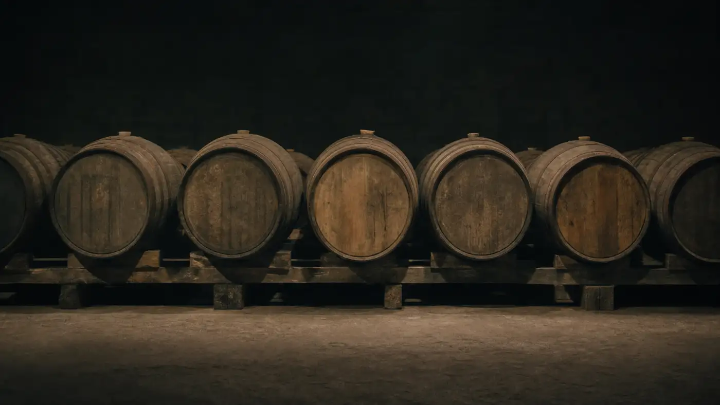 Oak barrels stored in a row for distillery stock and maturation cover