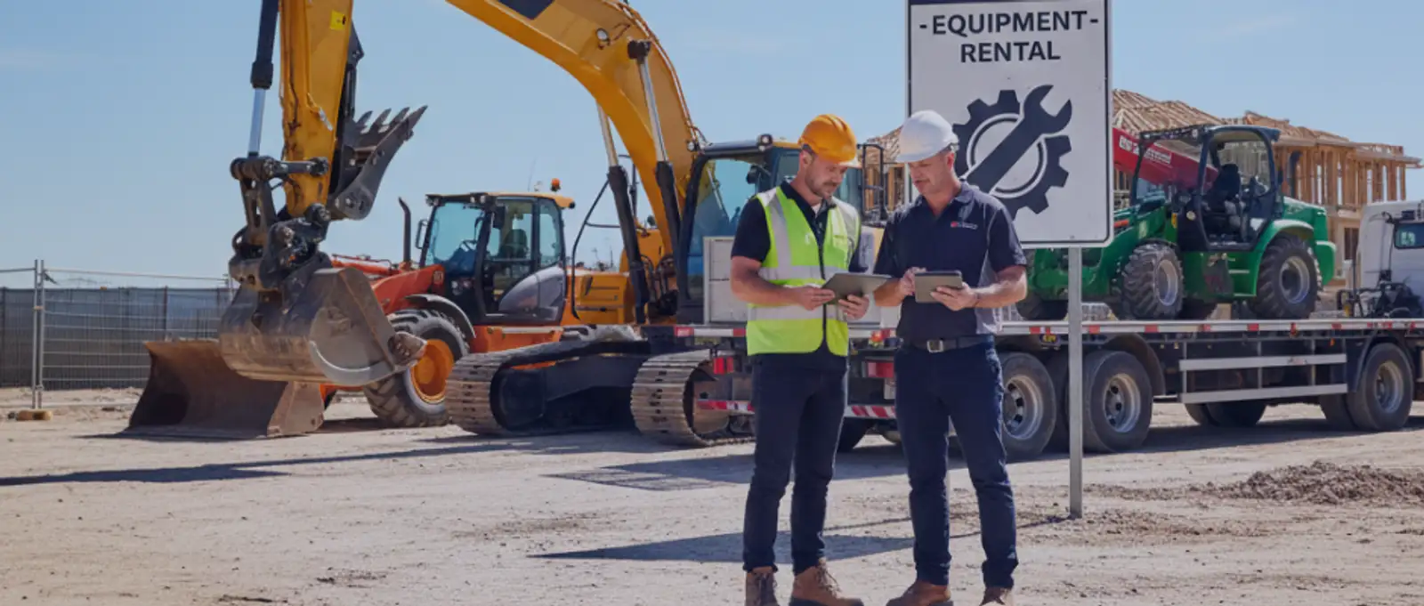 Equipment rental yard with excavator and workers – dry hire insurance for plant hire businesses