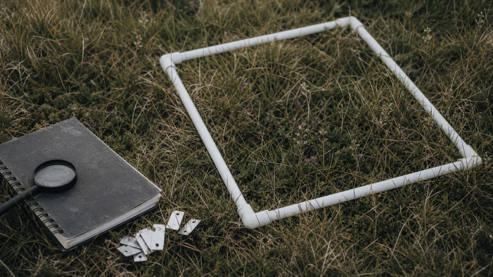 Quadrat frame and field notebook on grassland, ecologist professional indemnity insurance