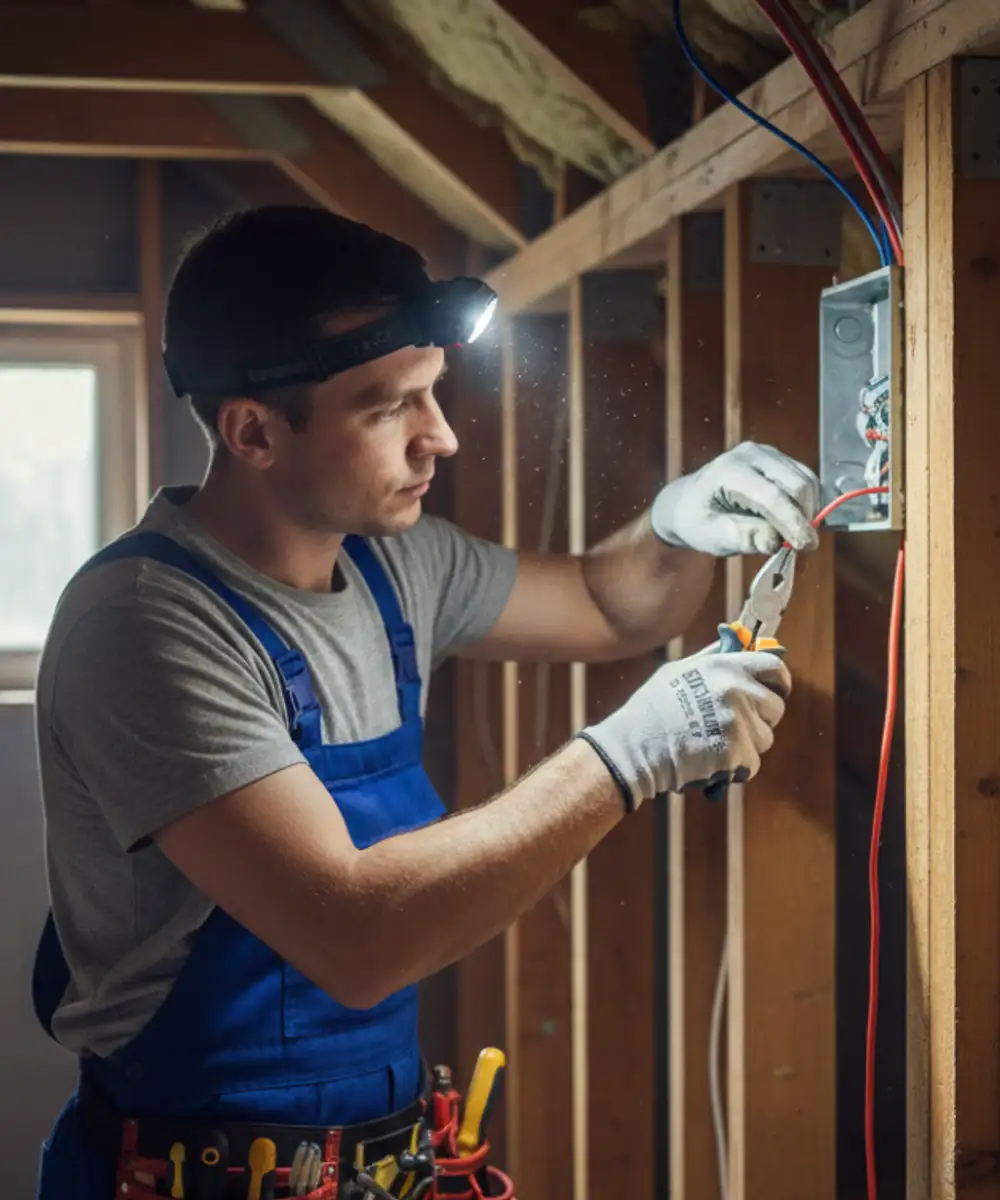 Electrician with headlamp wiring residential junction box for domestic electrical contractor insurance