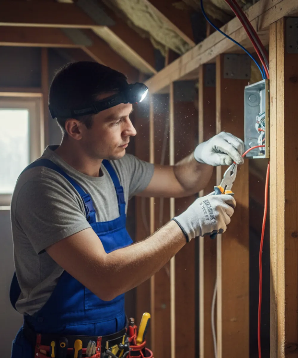 Electrician with headlamp wiring residential junction box for domestic electrical contractor insurance
