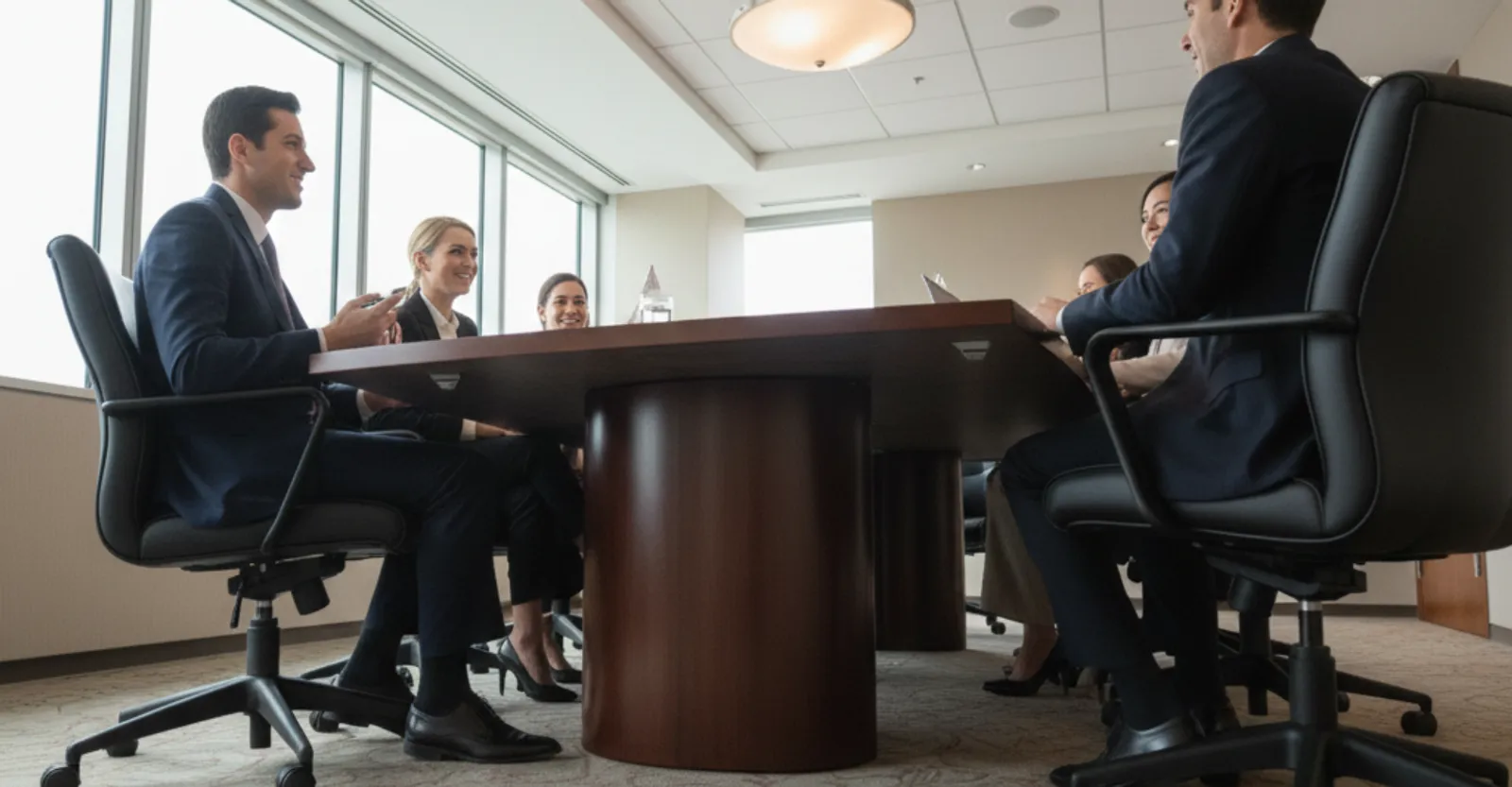 Professional business executives in formal attire engaged in a serious discussion around a large conference table in a high-rise office.