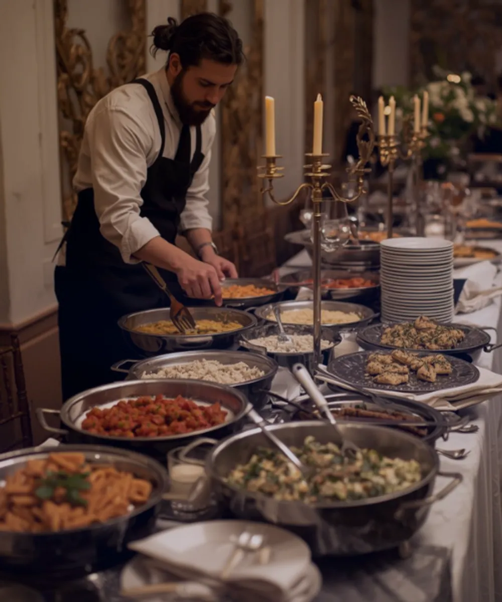 Male server in professional attire serving hot food from large stainless steel catering trays at a formally set event table with elegant candlelight.