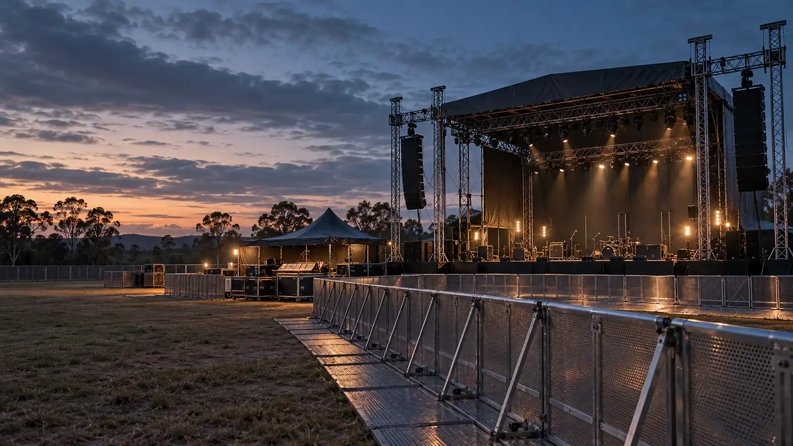 Empty outdoor event stage and crowd barriers at dusk before gates open, event insurance in Australia