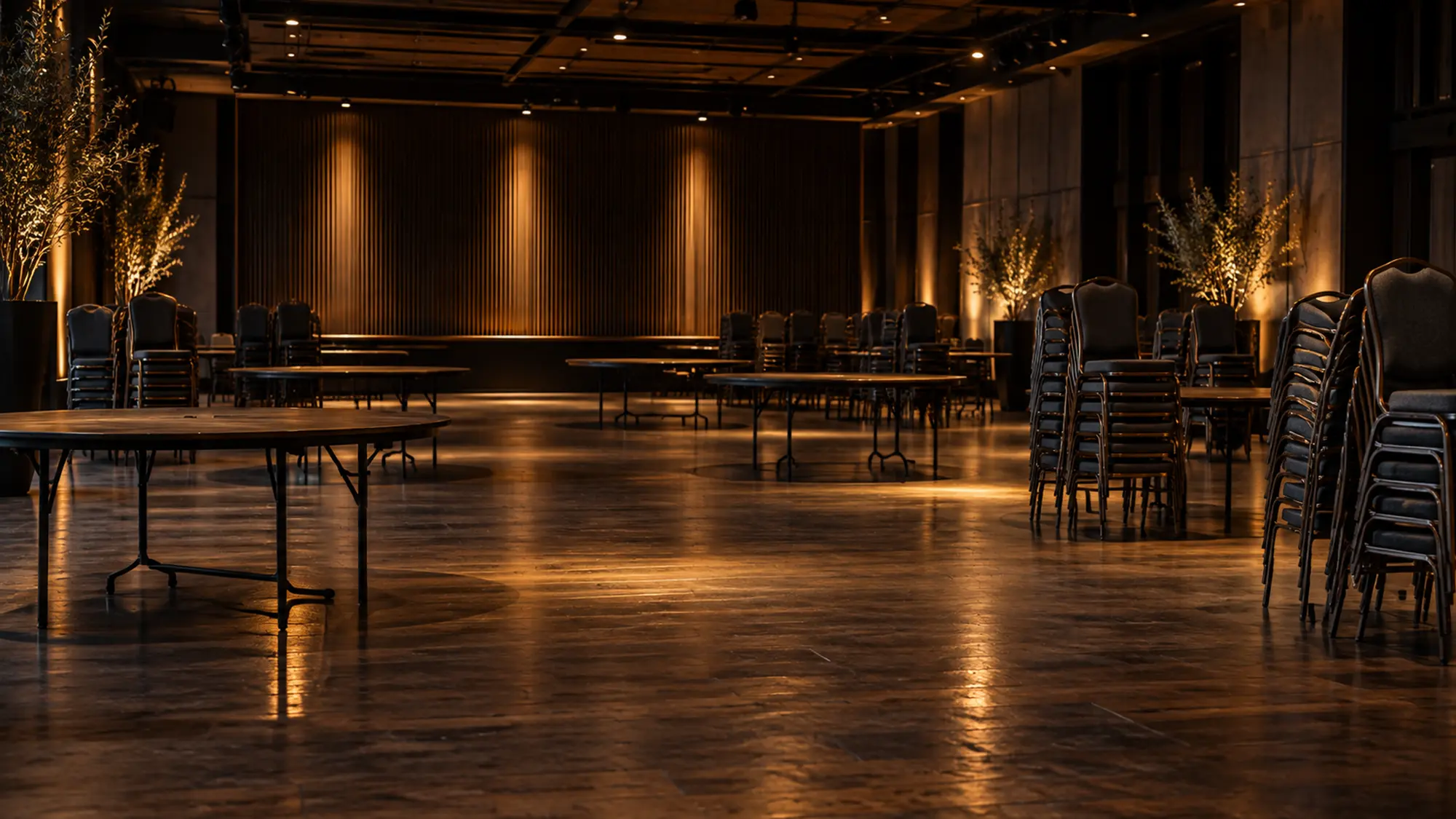 Empty event hall after pack-down with house lights low, event insurance arranged with Tank