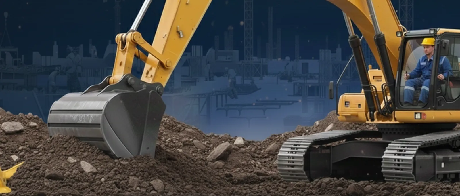 Excavator operator in cab digging earth on construction site for earthmoving plant and equipment insurance