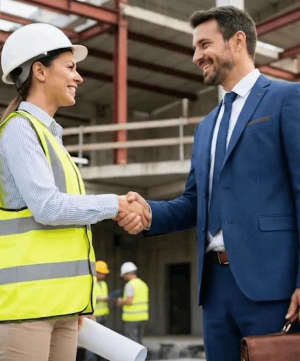 Female structural engineer in safety gear shaking hands with an insurance broker at a construction site after securing professional indemnity cover