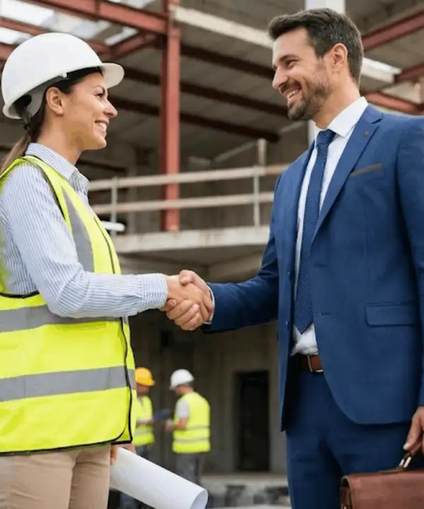 Female structural engineer in safety gear shaking hands with an insurance broker at a construction site after securing professional indemnity cover