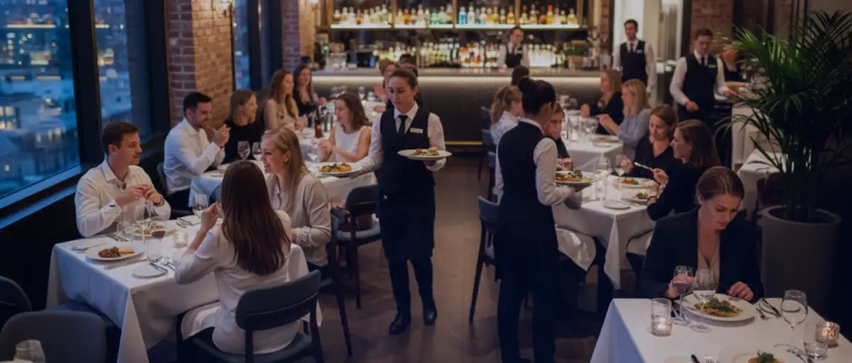 Waiters serving guests in a warm brick-walled restaurant with ambient evening lighting