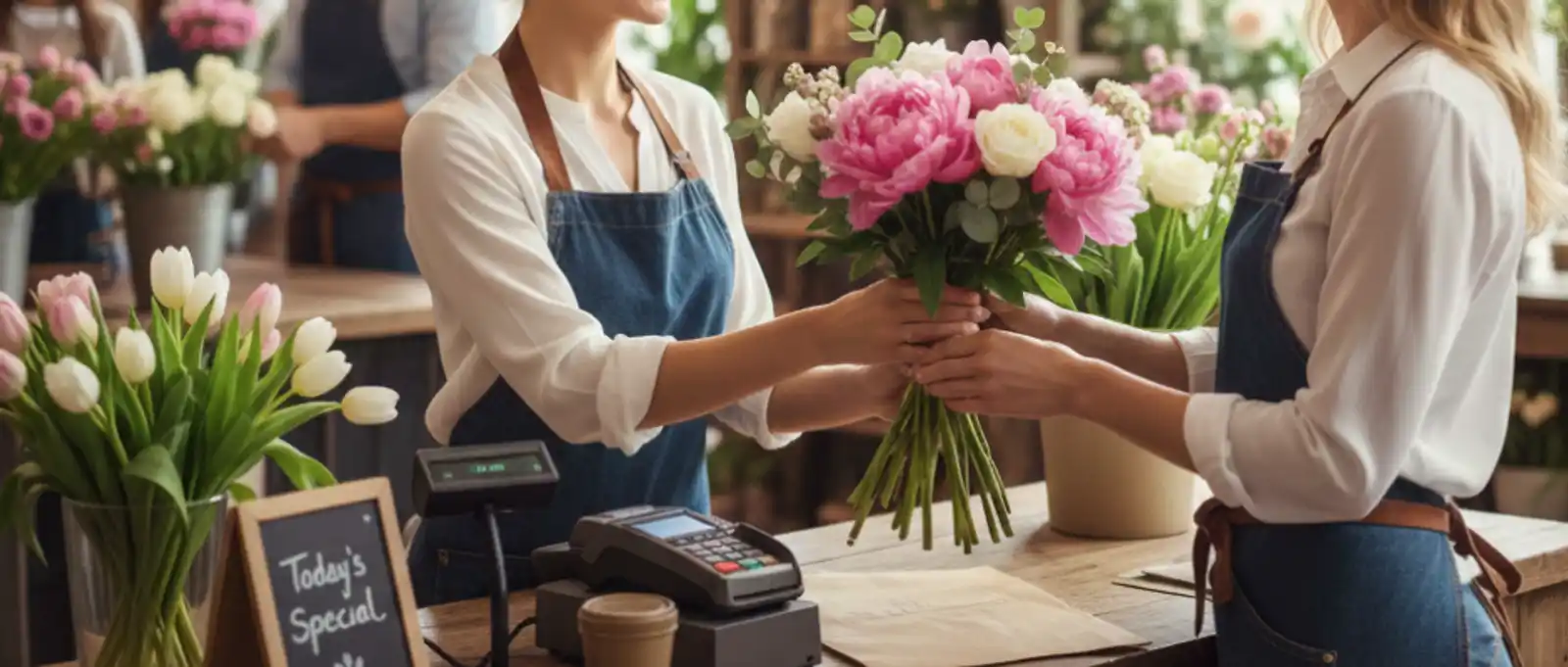 Florist in blue apron handing a bouquet of pink peonies and white roses to a customer at a retail counter with cash register and payment terminal
