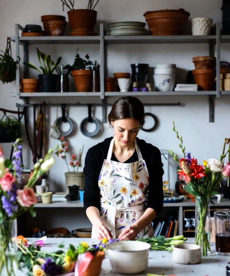 Boutique florist in floral apron arranging flowers at a preparation table with terracotta pots and workshop supplies