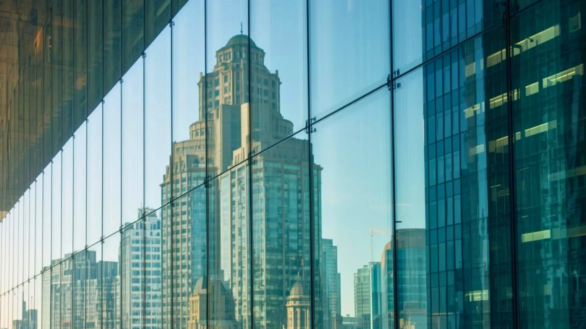City skyline with historic and modern buildings reflected in a contemporary glass high-rise facade