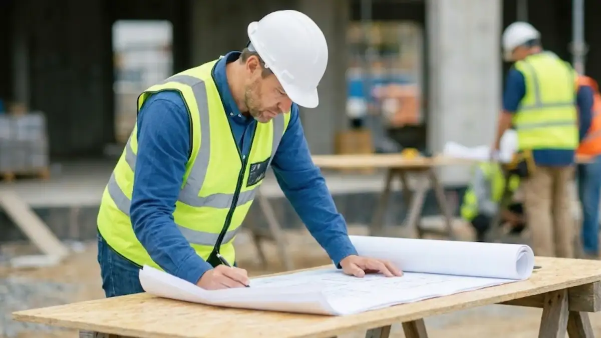 Builder in hard hat and high-vis vest reviewing construction blueprints on site for contract works and public liability insurance