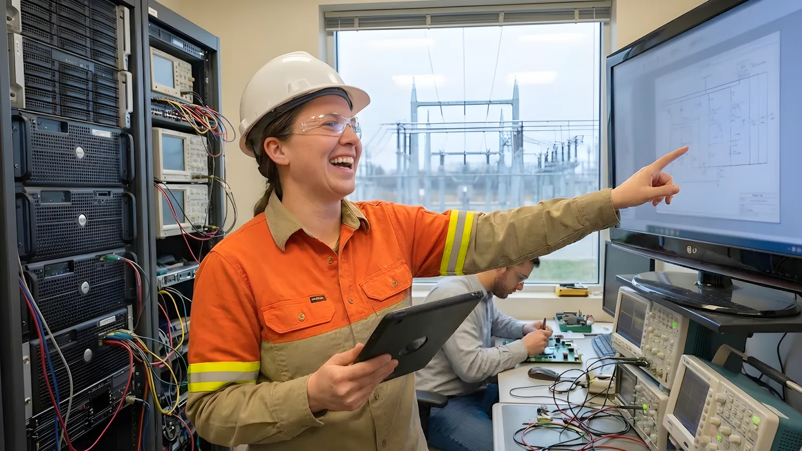 Electrical engineer reviewing substation schematics and power system diagrams in control room with testing equipment