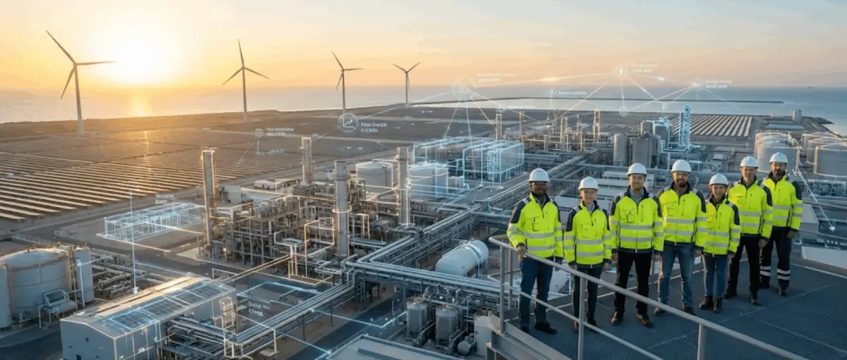 Engineering team standing at a renewable energy facility with wind turbines and solar panels at sunset, showcasing large-scale infrastructure projects