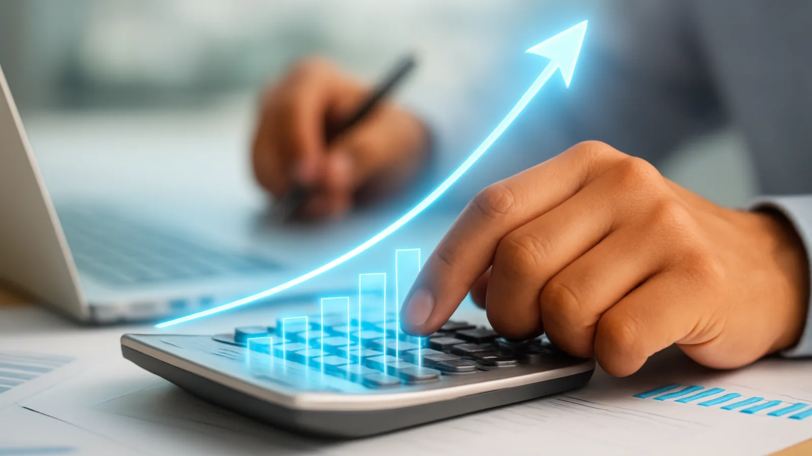 Close-up of a calculator with a digital overlay of a rising bar chart, symbolising insurance premium cost-benefit analysis.