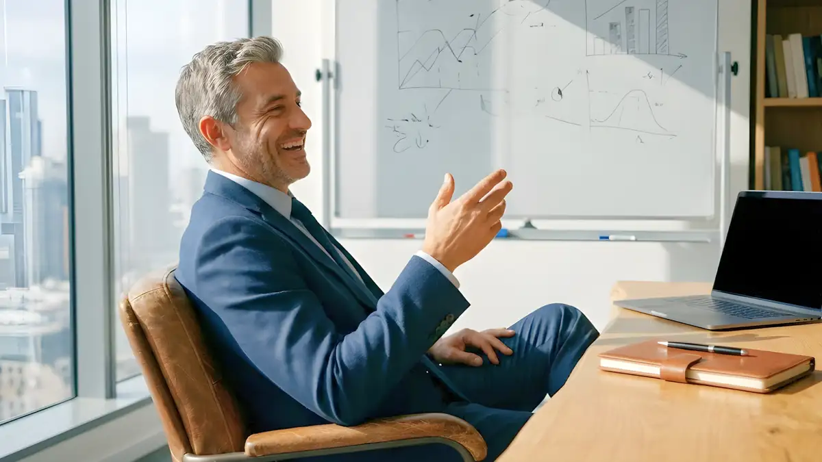 Senior investment executive discussing strategy with whiteboard analytics - management liability and D&O insurance for investment firms Australia