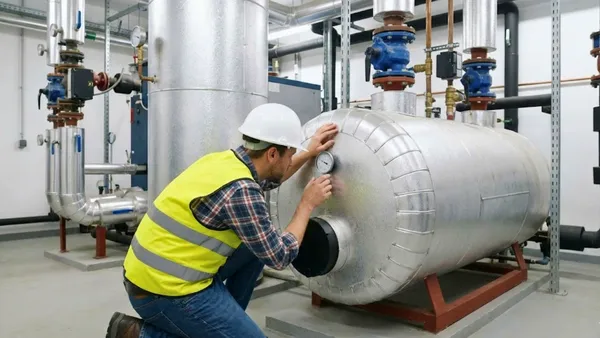 Mechanical engineer inspecting boiler and thermal systems in commercial plant room