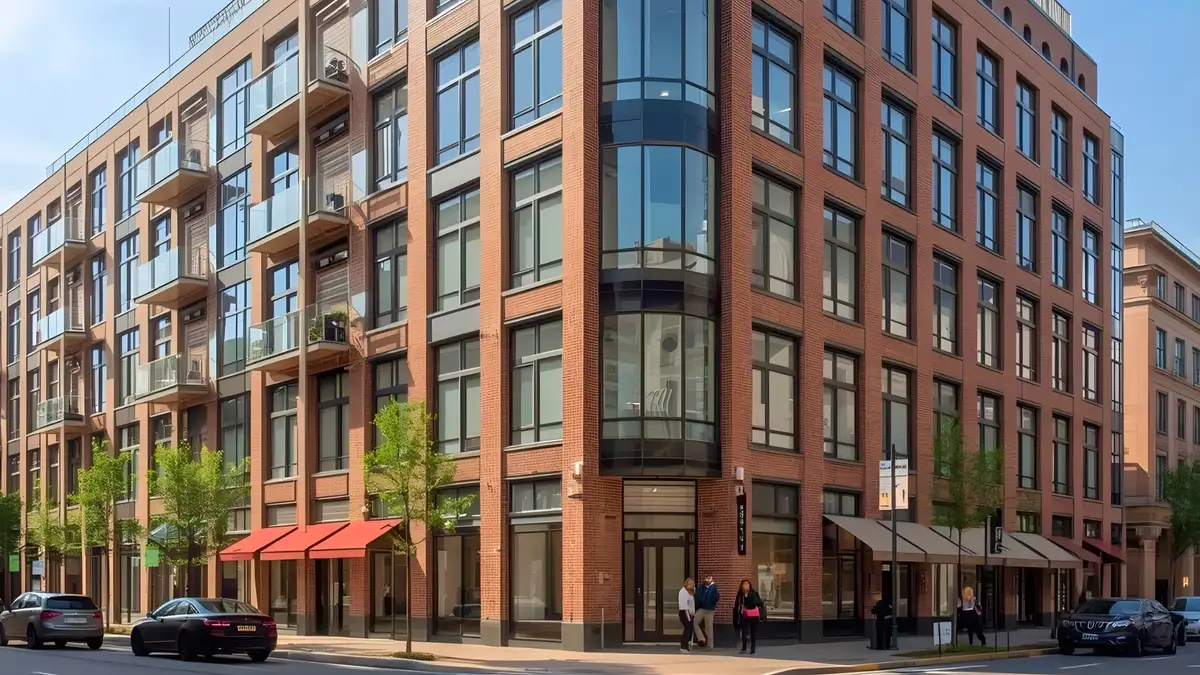 Multi-storey mixed-use building with ground-floor retail and upper-floor apartments