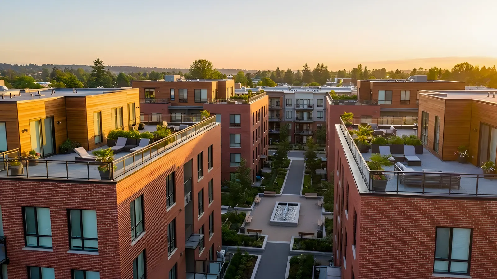 Aerial perspective of a modern residential strata building complex featuring expansive rooftop terraces and landscaped communal courtyards.