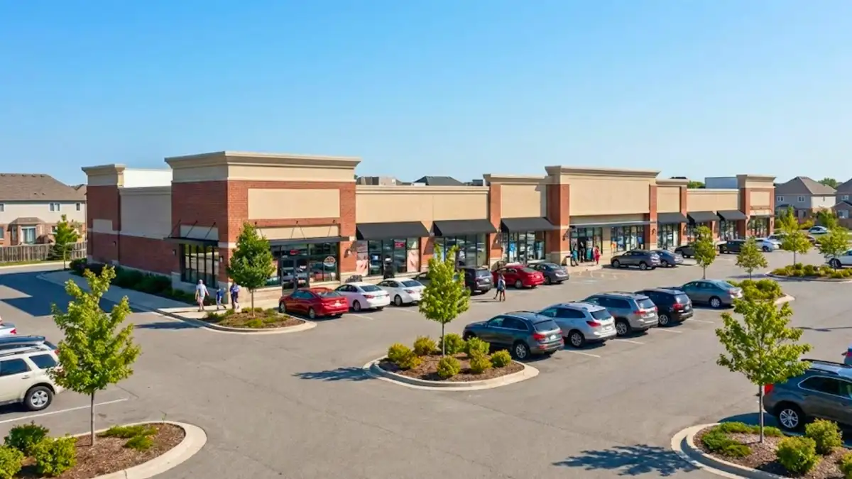 Suburban strip mall with a busy parking lot