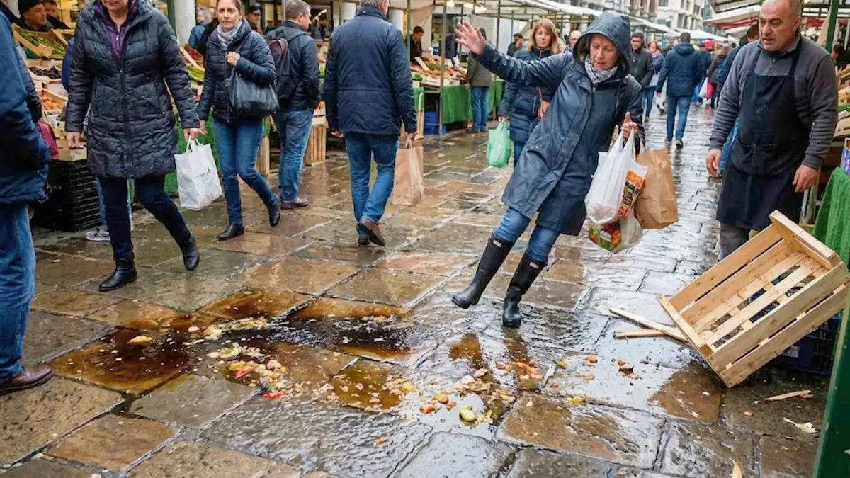 Woman slipping and falling on wet cobblestones at a busy outdoor market demonstrating public liability claim scenario